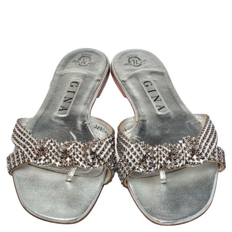 Pre Owned Gina Silver Leather Crystal Embellished Slide Sandals Size 39