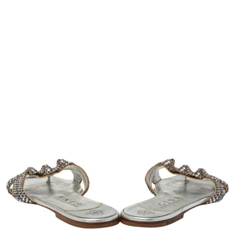 Pre Owned Gina Silver Leather Crystal Embellished Slide Sandals Size 39