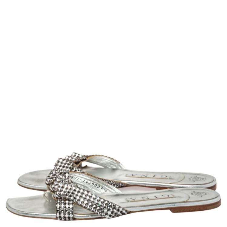 Pre Owned Gina Silver Leather Crystal Embellished Slide Sandals Size 39