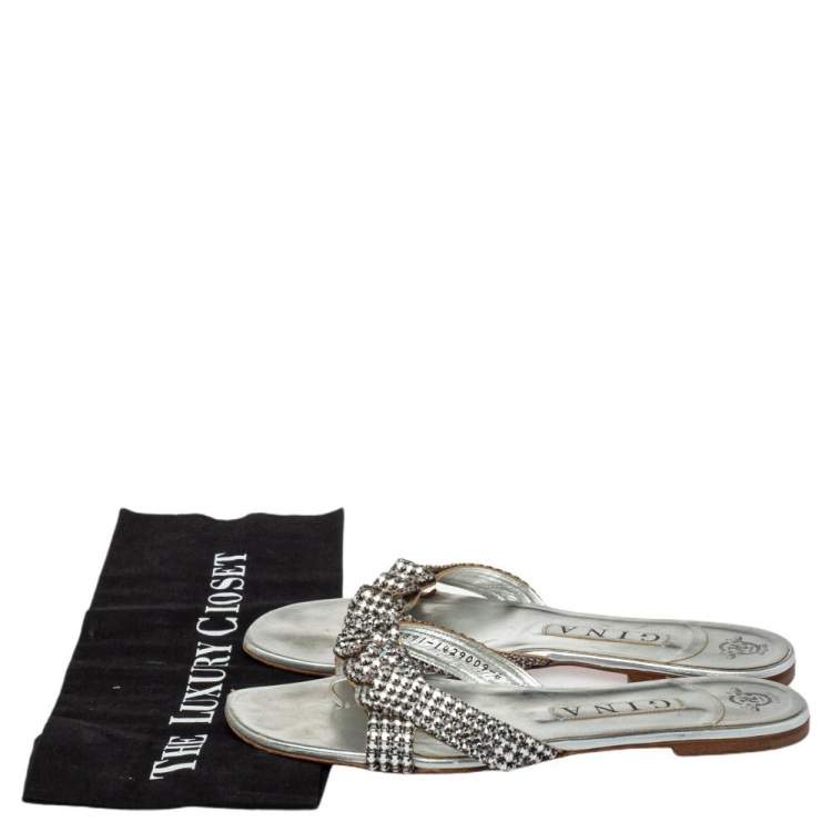 Pre Owned Gina Silver Leather Crystal Embellished Slide Sandals Size 39