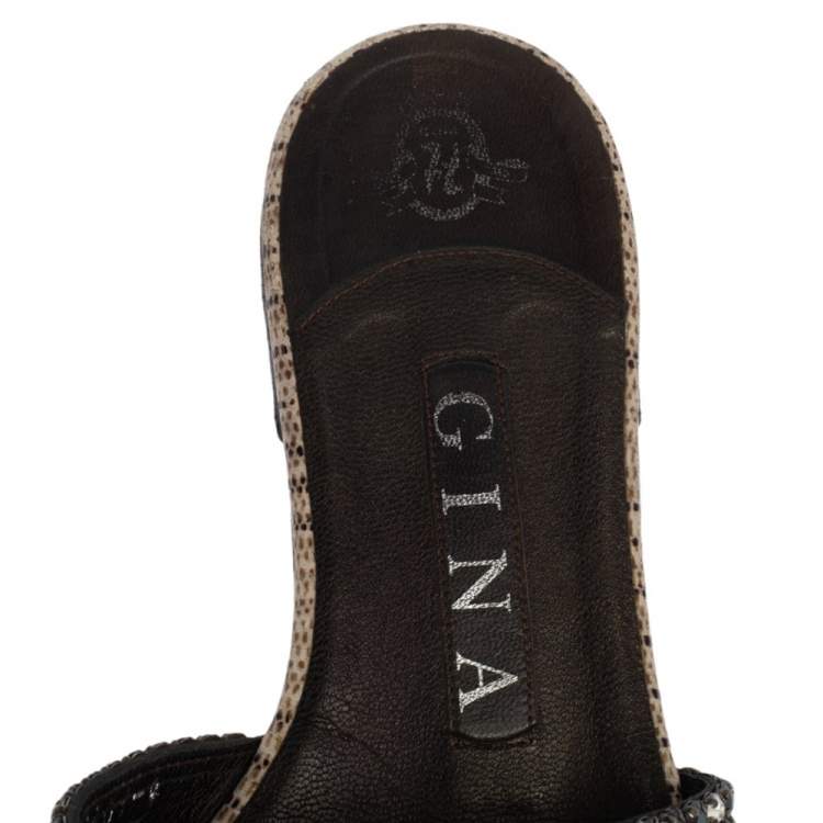 Pre Owned Gina Black Crystal Embellished Leather Loren Slide Sandals Size 37