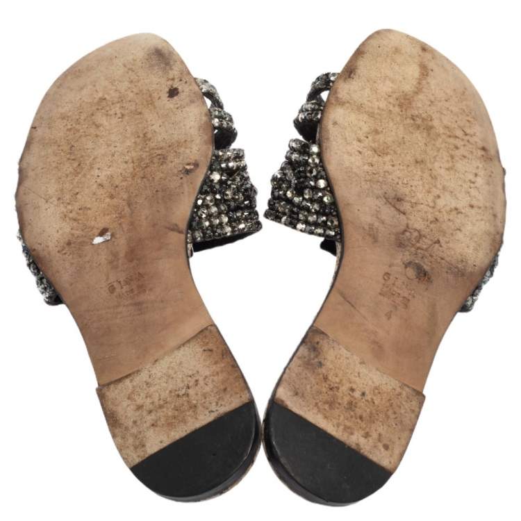 Pre Owned Gina Black Crystal Embellished Leather Loren Slide Sandals Size 37