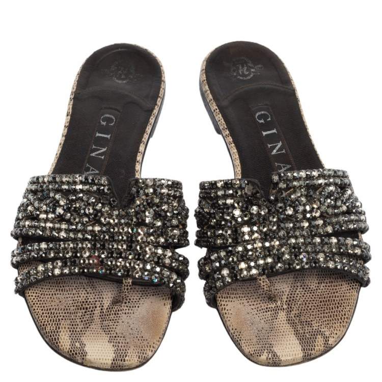 Pre Owned Gina Black Crystal Embellished Leather Loren Slide Sandals Size 37