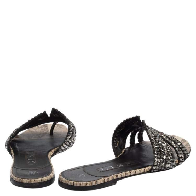 Pre Owned Gina Black Crystal Embellished Leather Loren Slide Sandals Size 37