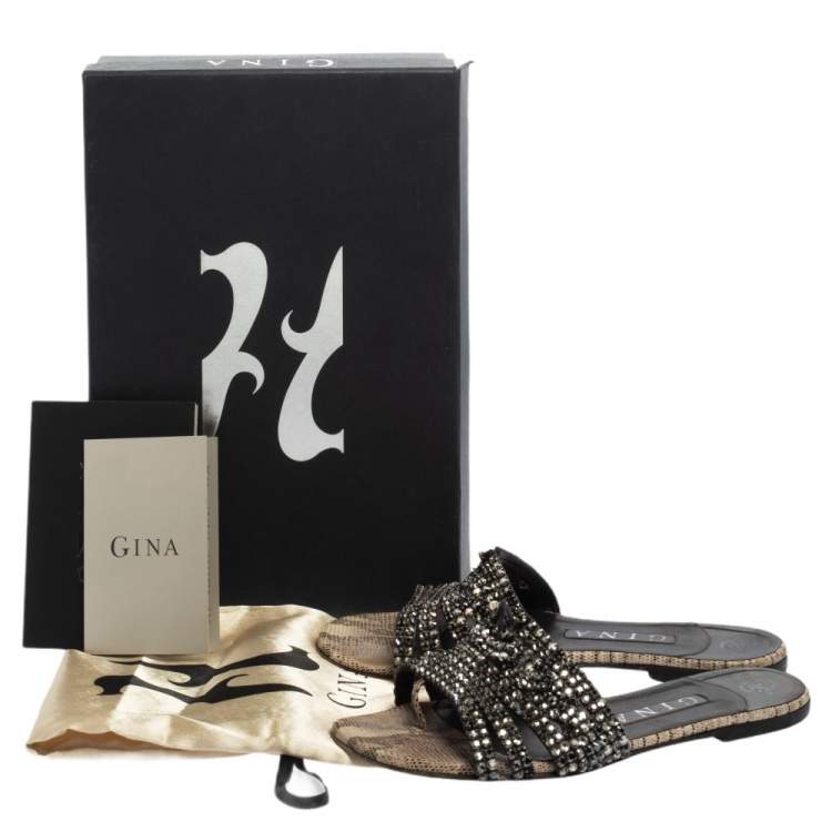 Pre Owned Gina Black Crystal Embellished Leather Loren Slide Sandals Size 37