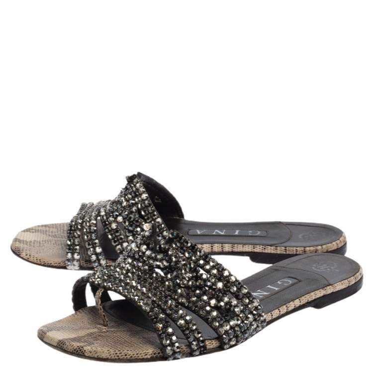 Pre Owned Gina Black Crystal Embellished Leather Loren Slide Sandals Size 37