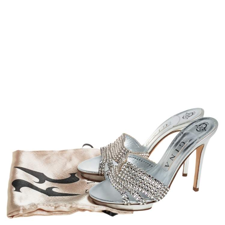 Pre Owned Gina Silver Crystal Embellished Leather Slide Sandals Size 37.5