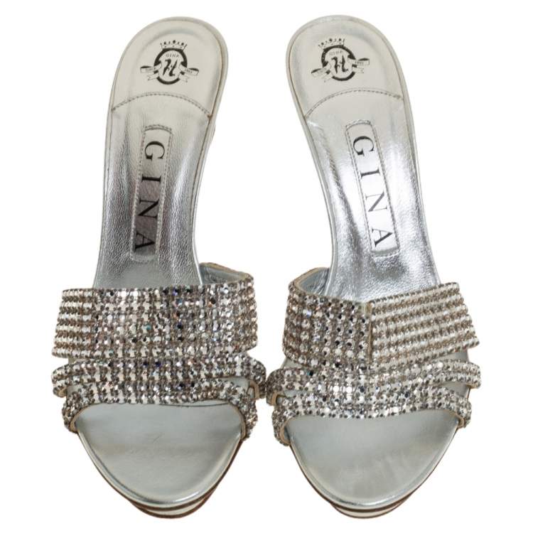 Pre Owned Gina Silver Crystal Embellished Leather Slide Sandals Size 37.5