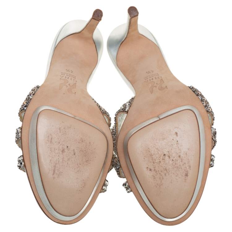 Pre Owned Gina Silver Crystal Embellished Leather Slide Sandals Size 37.5