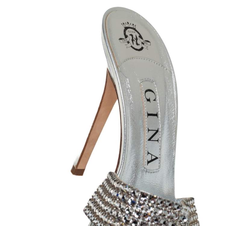 Pre Owned Gina Silver Crystal Embellished Leather Slide Sandals Size 37.5