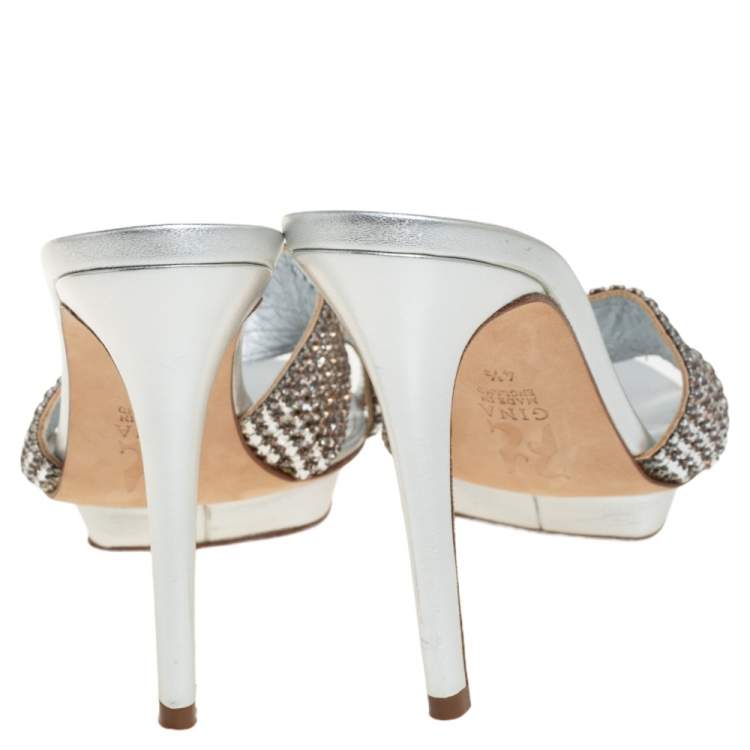 Pre Owned Gina Silver Crystal Embellished Leather Slide Sandals Size 37.5