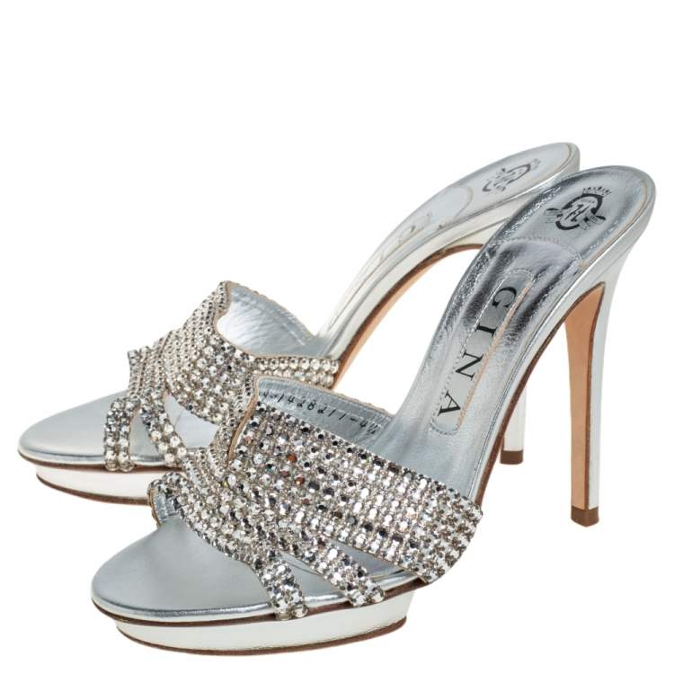 Pre Owned Gina Silver Crystal Embellished Leather Slide Sandals Size 37.5