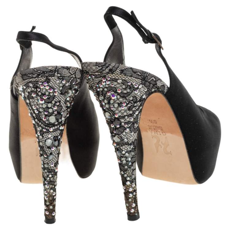 Pre Owned Gina Black Satin Crystal Platform  Slingback Sandals Size 39.5
