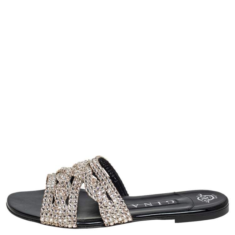 Pre Owned Gina Black Leather  Crystal Embellishment Sandals Size 38