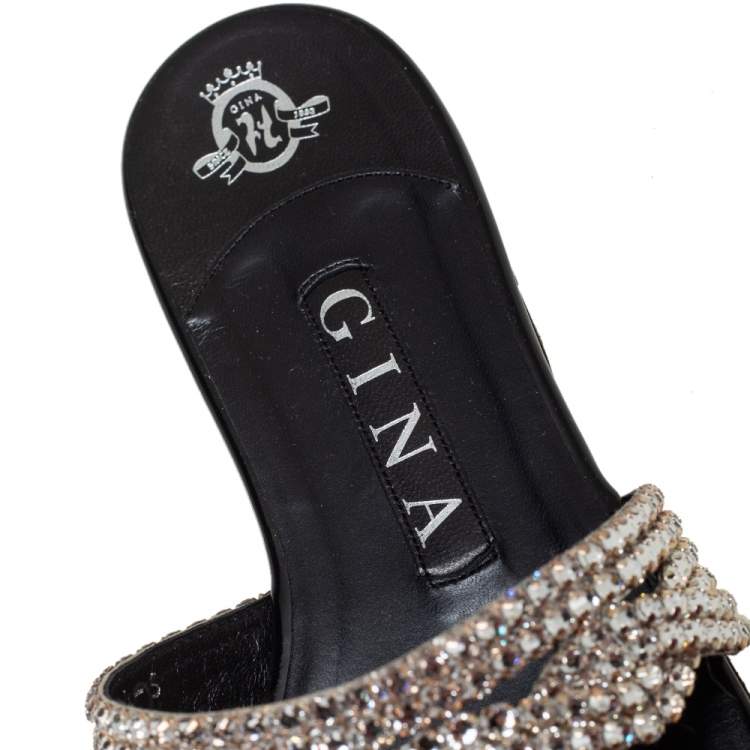Pre Owned Gina Black Leather  Crystal Embellishment Sandals Size 38