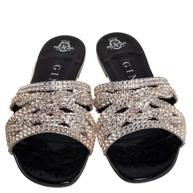 Pre Owned Gina Black Leather  Crystal Embellishment Sandals Size 38