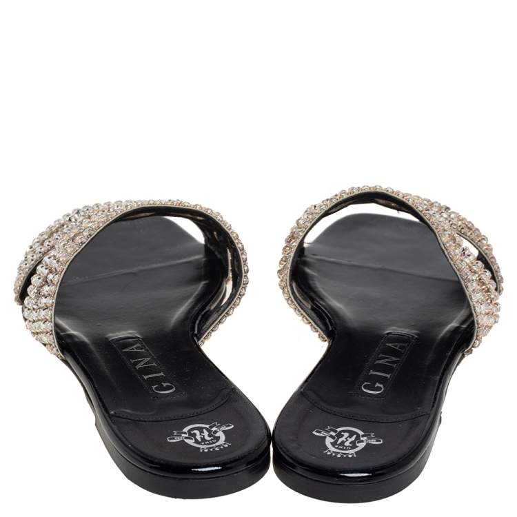 Pre Owned Gina Black Leather  Crystal Embellishment Sandals Size 38