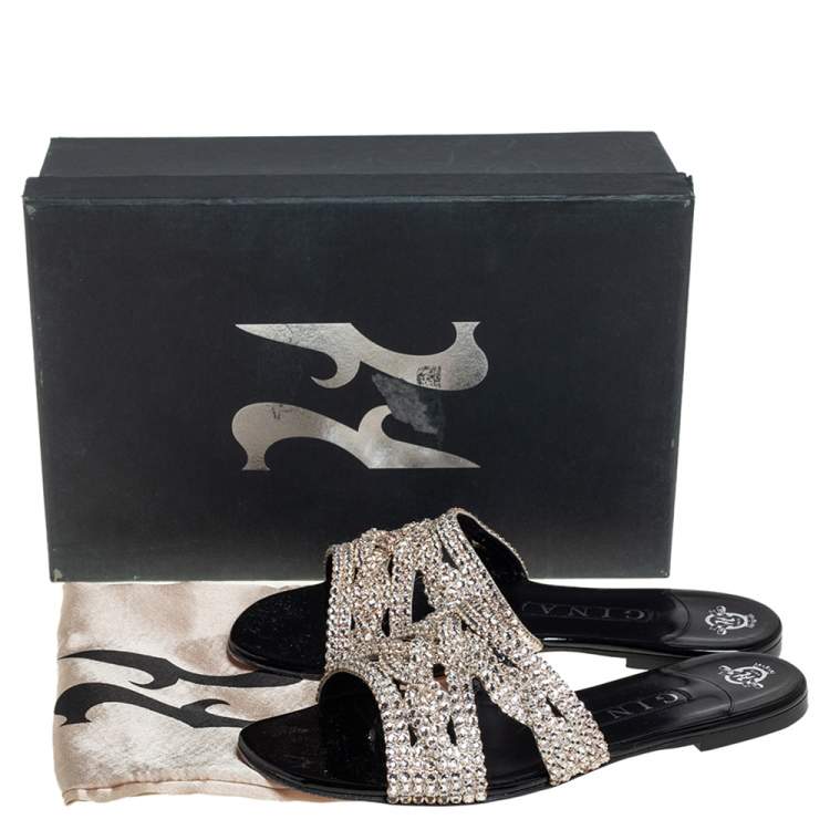 Pre Owned Gina Black Leather  Crystal Embellishment Sandals Size 38