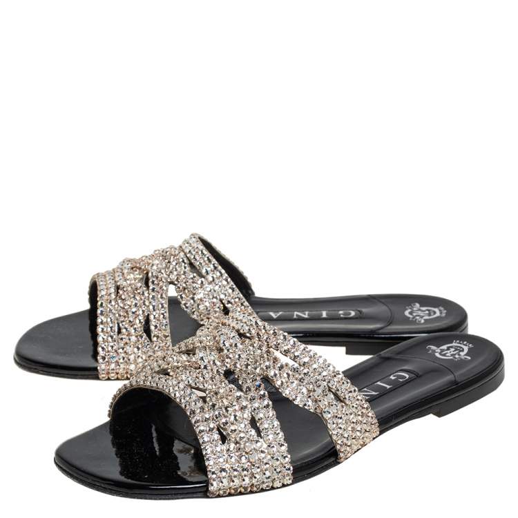 Pre Owned Gina Black Leather  Crystal Embellishment Sandals Size 38