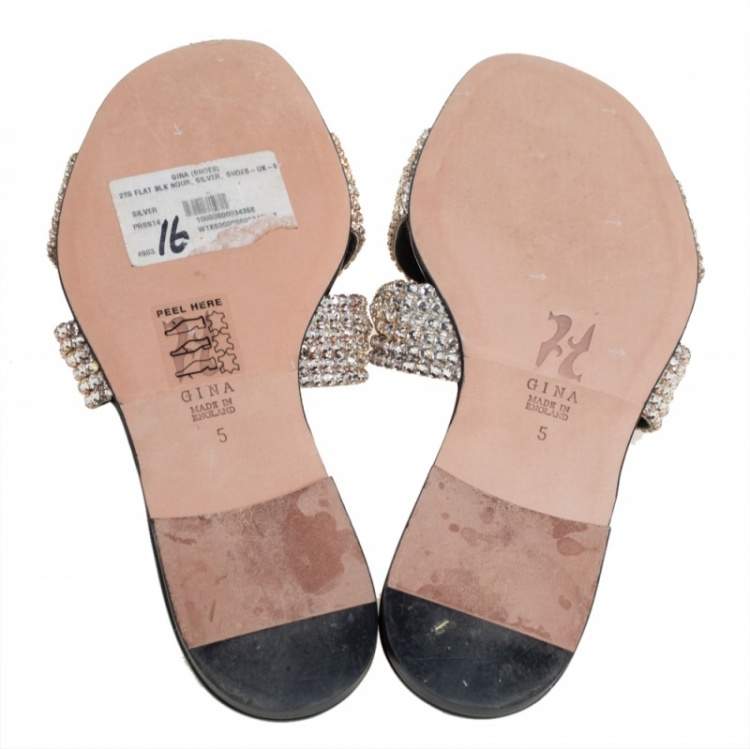 Pre Owned Gina Black Leather  Crystal Embellishment Sandals Size 38