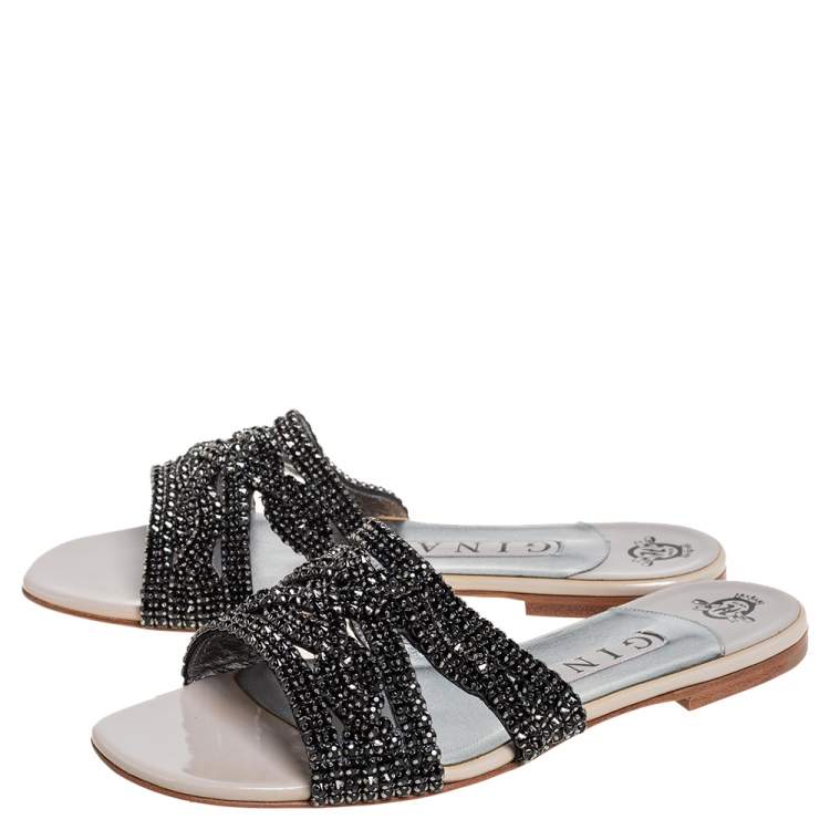 Pre Owned Gina Black Leather  Crystal Embellished Dakota Sandals Size 38