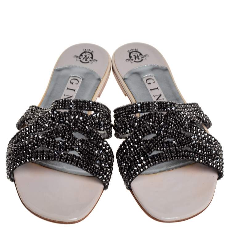 Pre Owned Gina Black Leather  Crystal Embellished Dakota Sandals Size 38