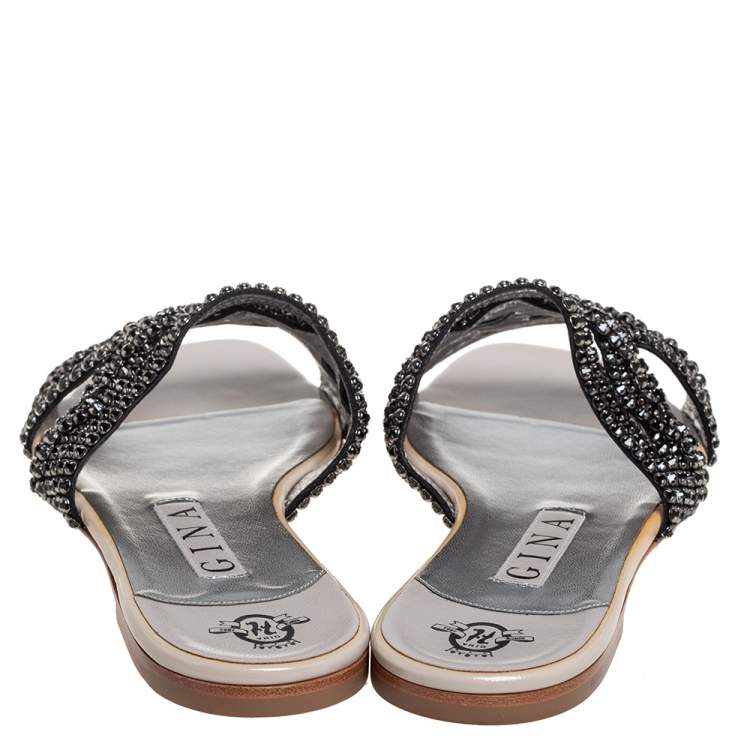 Pre Owned Gina Black Leather  Crystal Embellished Dakota Sandals Size 38