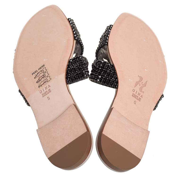 Pre Owned Gina Black Leather  Crystal Embellished Dakota Sandals Size 38