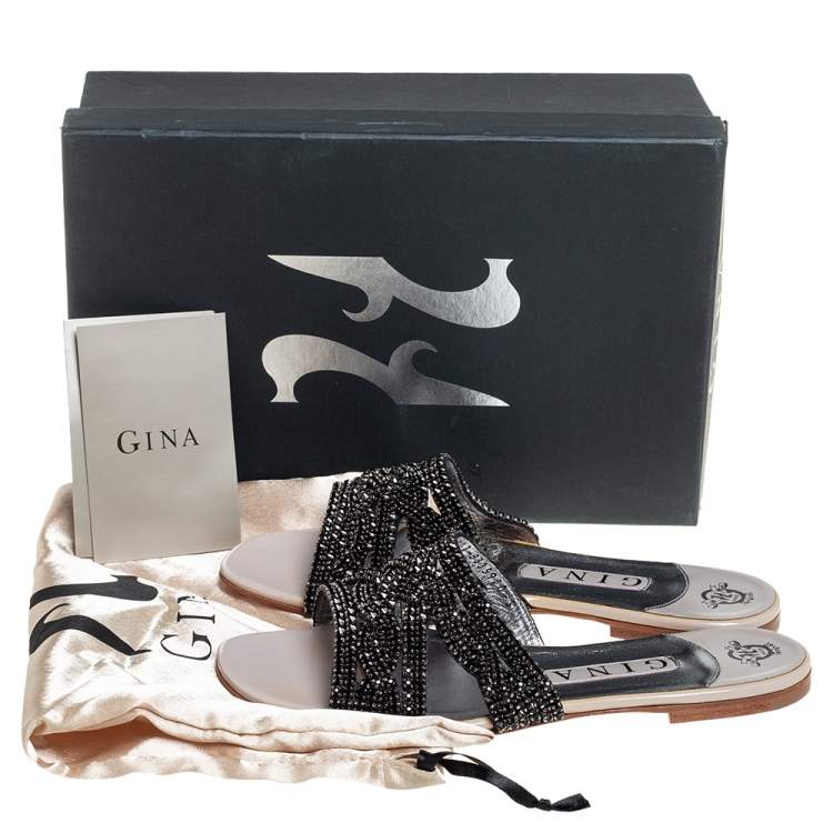 Pre Owned Gina Black Leather  Crystal Embellished Dakota Sandals Size 38