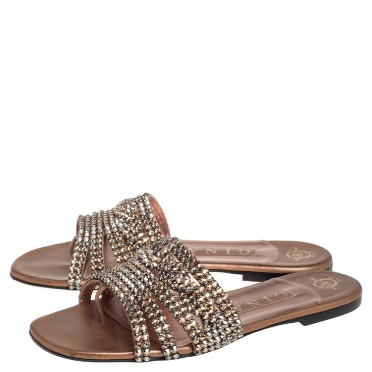 Pre Owned Gina Gold Leather Embellished Flat Sandals Size 38