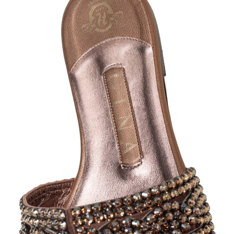 Pre Owned Gina Gold Leather Embellished Flat Sandals Size 38