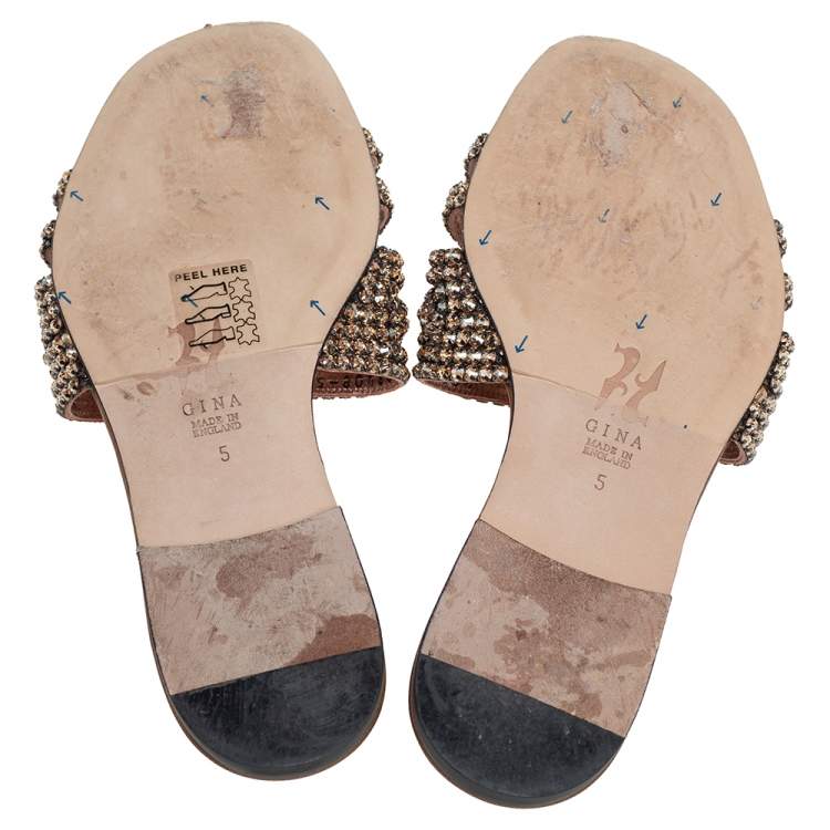 Pre Owned Gina Gold Leather Embellished Flat Sandals Size 38
