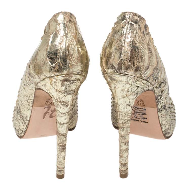 Pre Owned Gina Gold Python Pointed Toe Pumps Size 38