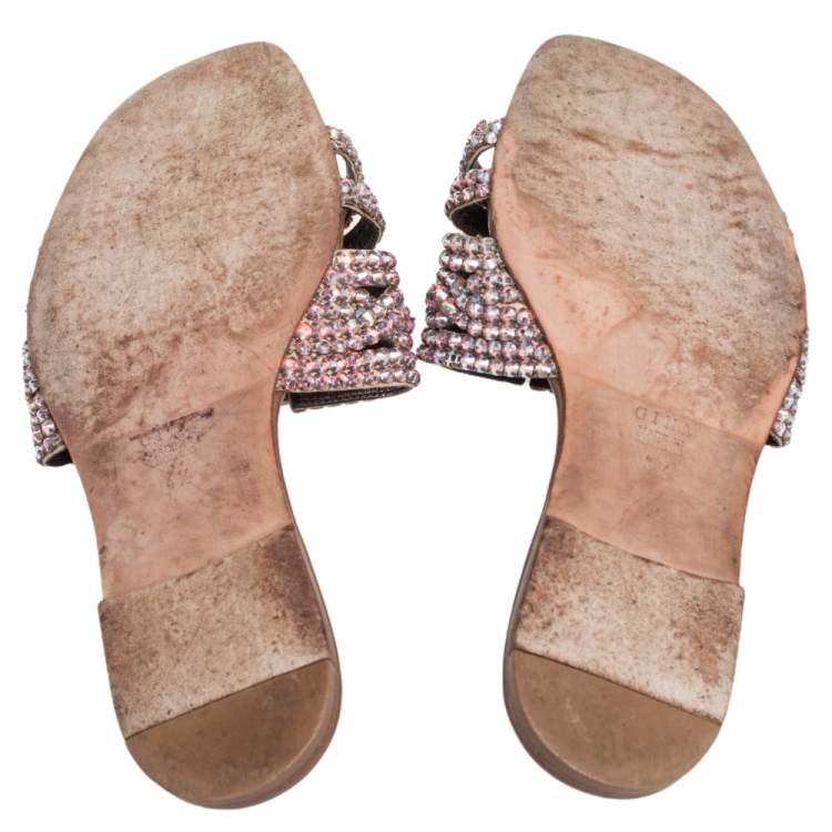 Pre Owned Gina Brown Leather Crystal Embellished Flats Size 37.5