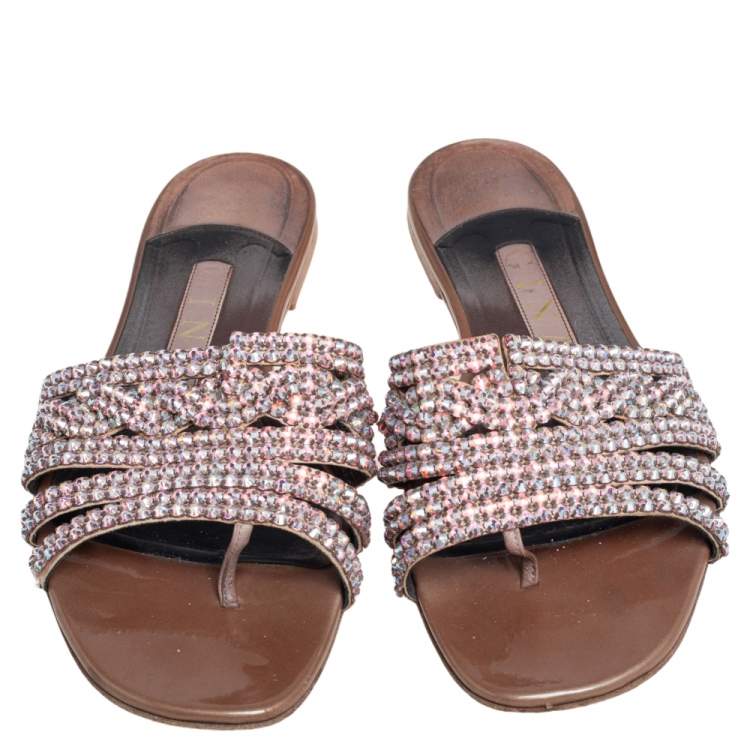 Pre Owned Gina Brown Leather Crystal Embellished Flats Size 37.5