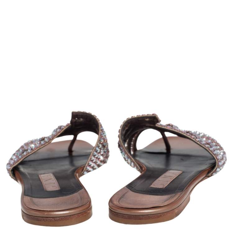 Pre Owned Gina Brown Leather Crystal Embellished Flats Size 37.5