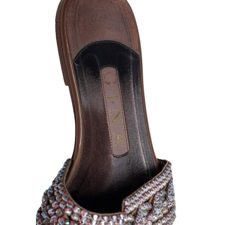 Pre Owned Gina Brown Leather Crystal Embellished Flats Size 37.5