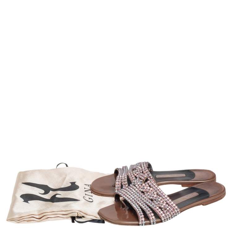 Pre Owned Gina Brown Leather Crystal Embellished Flats Size 37.5