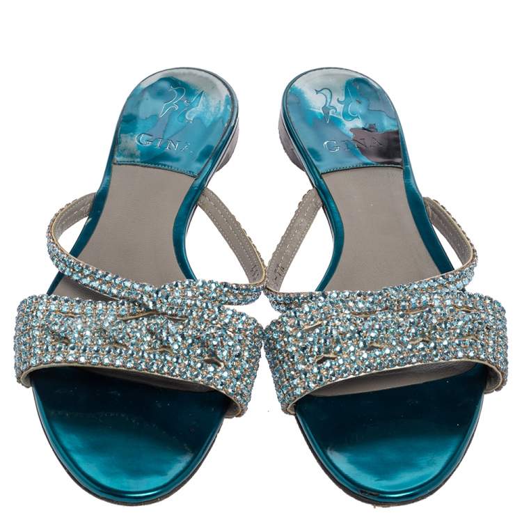 Pre Owned Gina Blue Leather  Embellished Sandals Size 40.5