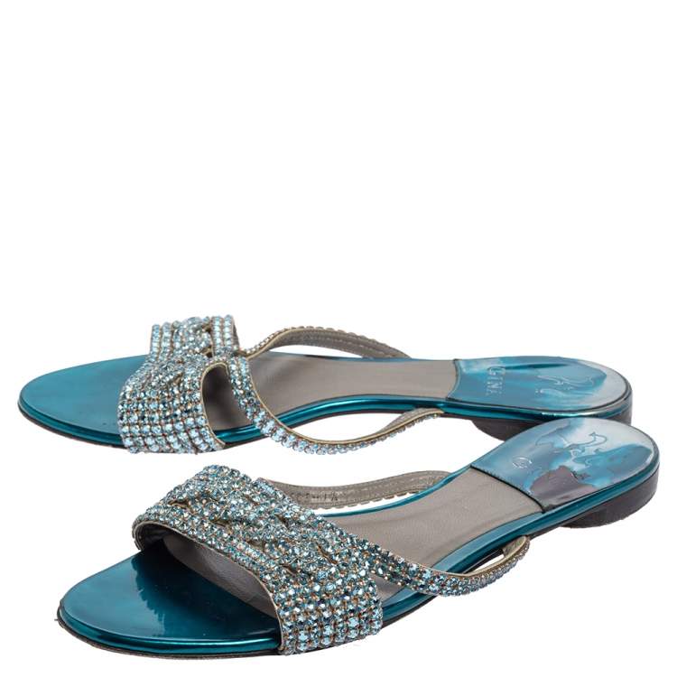 Pre Owned Gina Blue Leather  Embellished Sandals Size 40.5