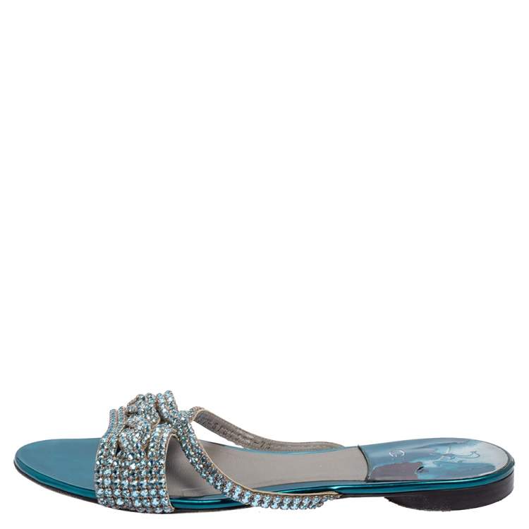 Pre Owned Gina Blue Leather  Embellished Sandals Size 40.5