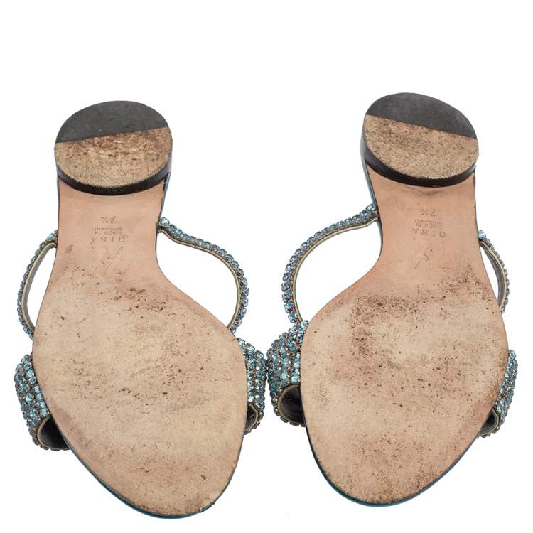 Pre Owned Gina Blue Leather  Embellished Sandals Size 40.5
