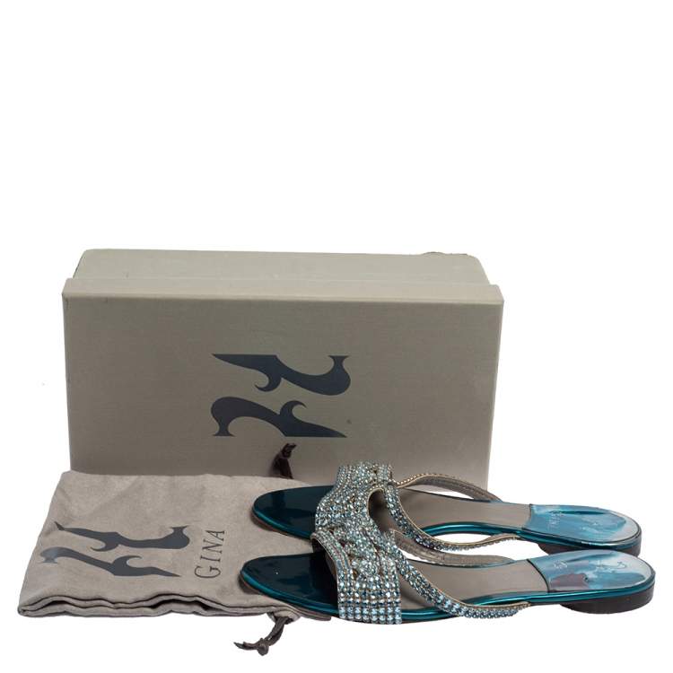 Pre Owned Gina Blue Leather  Embellished Sandals Size 40.5