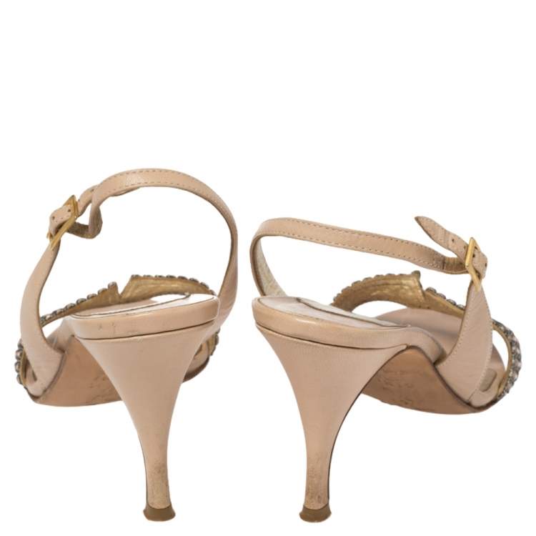 مملوكة مسبقًا Gina Beige Leather Crystal Embellished Slingback Sandals Size 37.5