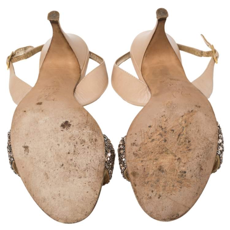 مملوكة مسبقًا Gina Beige Leather Crystal Embellished Slingback Sandals Size 37.5