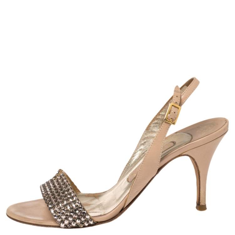 مملوكة مسبقًا Gina Beige Leather Crystal Embellished Slingback Sandals Size 37.5