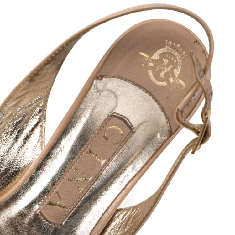 مملوكة مسبقًا Gina Beige Leather Crystal Embellished Slingback Sandals Size 37.5