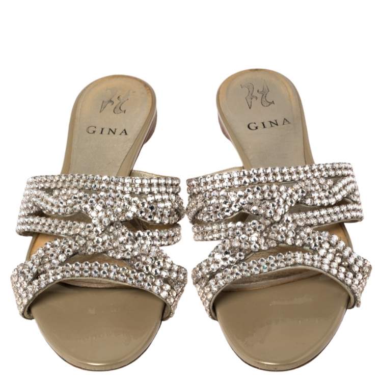 Pre Owned Gina Beige Leather Crystal Embellished Loren Flat Sandals Size 38