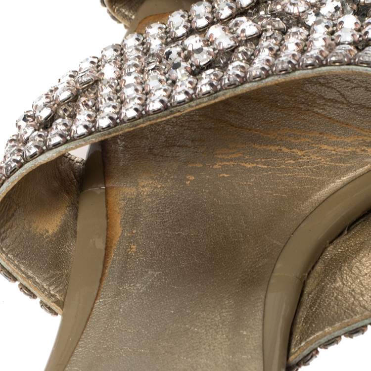 Pre Owned Gina Beige Leather Crystal Embellished Loren Flat Sandals Size 38