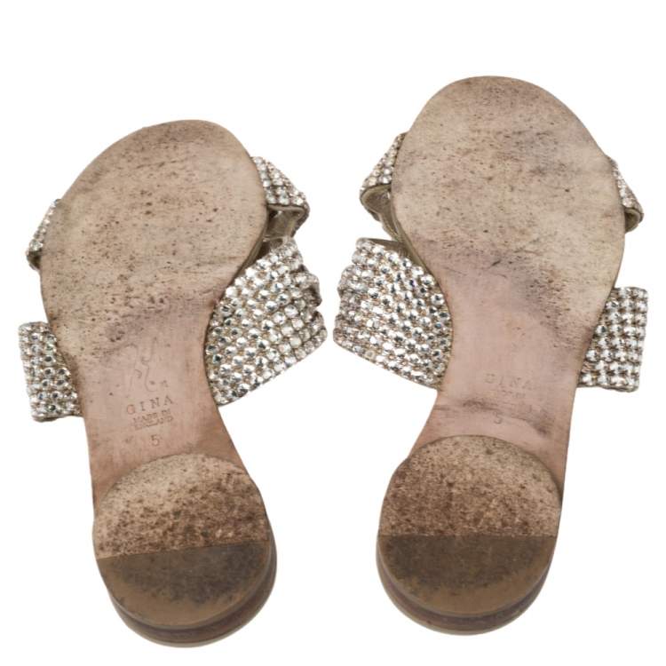 Pre Owned Gina Beige Leather Crystal Embellished Loren Flat Sandals Size 38